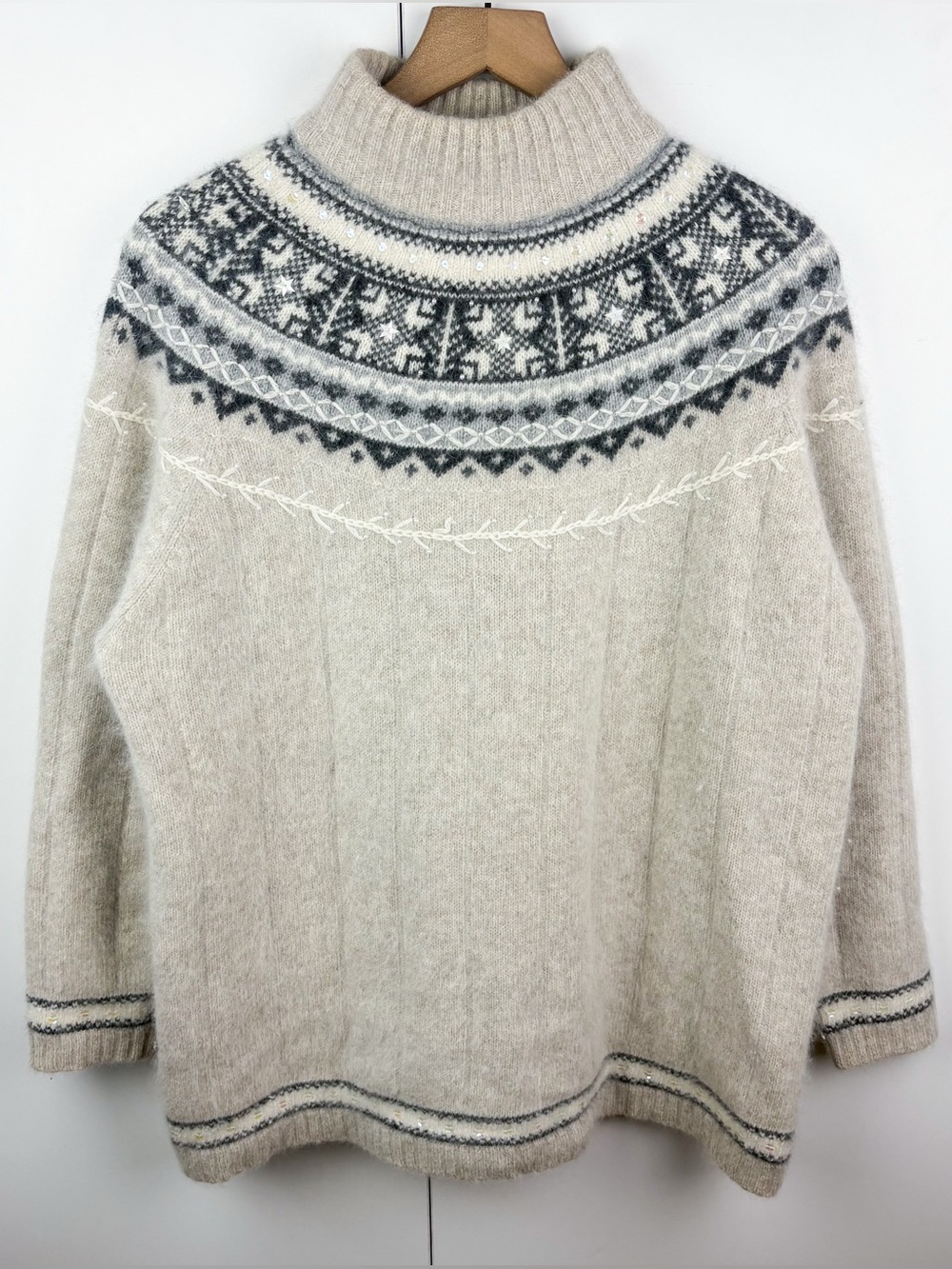 Vintage Angora Rabbit Fur Lambswool Fair Isle Sweater Mock Neck Sequin Medium